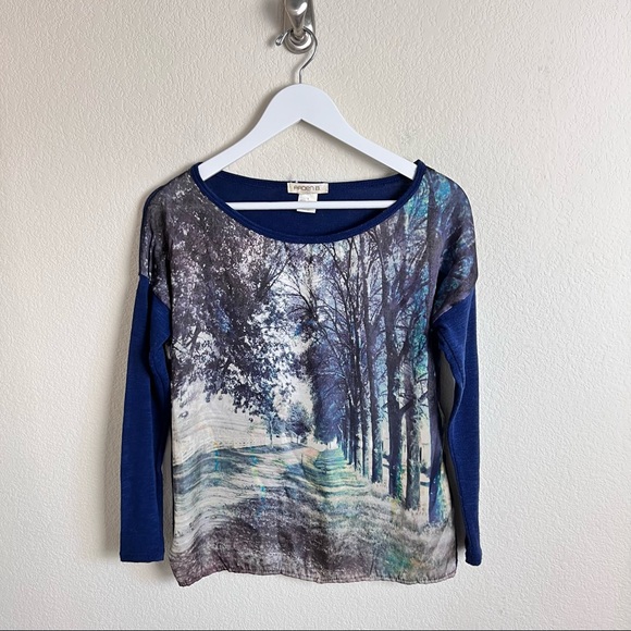 Arden B. Forest Scene Graphic Chiffon Knit Blue long Sleeve Blouse - Picture 3 of 7
